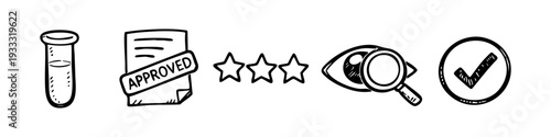 Set of hand-drawn business doodle icons for quality control, research, and approval including test tube, stars, inspection eye, and check mark.