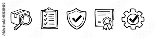 Hand-drawn quality assurance and business process icons set: box inspection, checklist, shield security, certificate, and gear verification doodle.