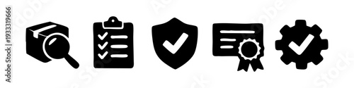 Set of hand-drawn quality control and certification icons featuring a checklist, shield, magnifying glass, certificate, and gear for business use.