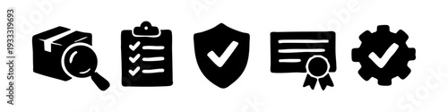 Hand-drawn quality assurance icons including magnifying glass on box, checklist, shield, certificate, and gear with checkmark on white background.