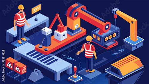 Isometric 3D illustration of a factory machinery breakdown and maintenance team.eps