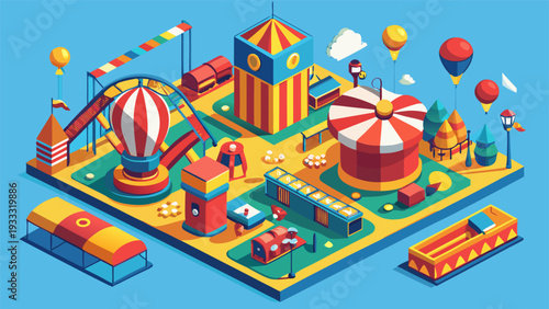 Isometric amusement park map with roller coaster and circus tent.eps
