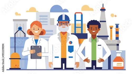 Industrial Workers and Engineers at Oil Refinery and Petrochemical Plant Illustration.eps
