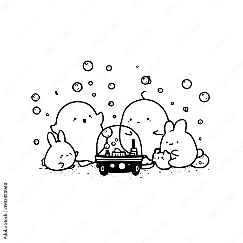 Fototapeta premium Cute Cartoon Rabbits and Monsters Watching TV Together