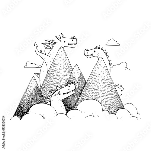 Dragons on Mountains, Fantasy Creatures in Clouds, Black and White Illustration