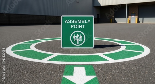 Assembly Point Sign Indicating Safety Measures and Direction for People in Emergency Situations