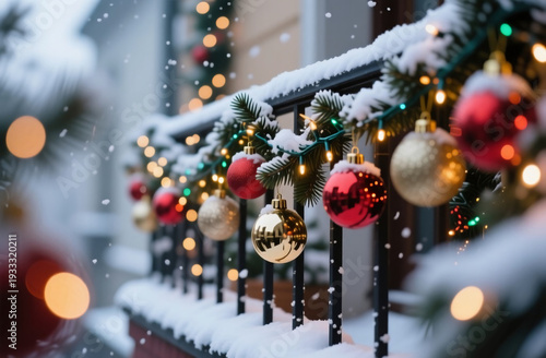 Wallpaper Mural Brightly colored Christmas balls hang along a snow-laden balcony, sparkling in the winter daylight. The scene is festive and inviting, wrapped in a cozy holiday spirit Generative AI Torontodigital.ca