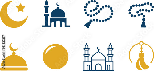 Islamic religious symbols set with crescent moon mosque tasbih prayer beads dome and star flat vector icons