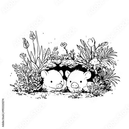 Cute Pigs Hiding Behind Tropical Plants in Black and White Illustration