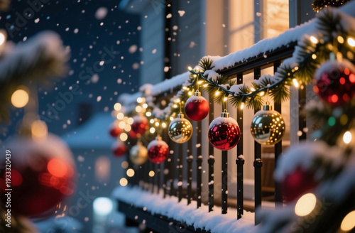 Wallpaper Mural Colorful Christmas balls hang on a snowy balcony railing, glowing softly in the night. Gentle snowflakes fall, creating a winter wonderland atmosphere of joy and warmth Generative AI Torontodigital.ca