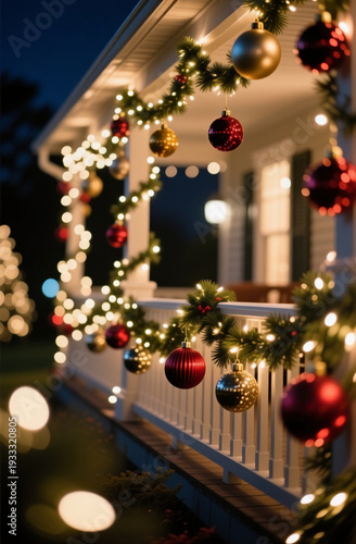 Wallpaper Mural Colors dance among Christmas balls and cascading lights on the terrace, bringing joy and warmth to the cool evening. A festive atmosphere fills the air as decorations shine brightly Generative AI Torontodigital.ca