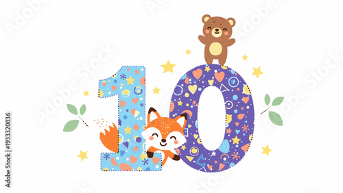 A colorful illustration of the number 10 with a fox and bear on transparent background