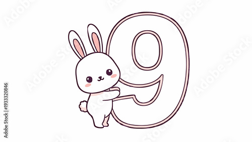A cute cartoon bunny holding a large number nine on transparent background