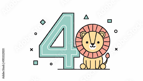 A cute cartoon lion sitting next to the number four on transparent background
