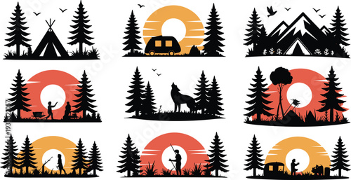 Minimalist camping and wilderness silhouette set with forest, mountains, wildlife and sunset outdoor adventure vector illustration