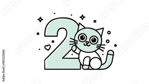 A cute cartoon cat sitting next to the number two on transparent background