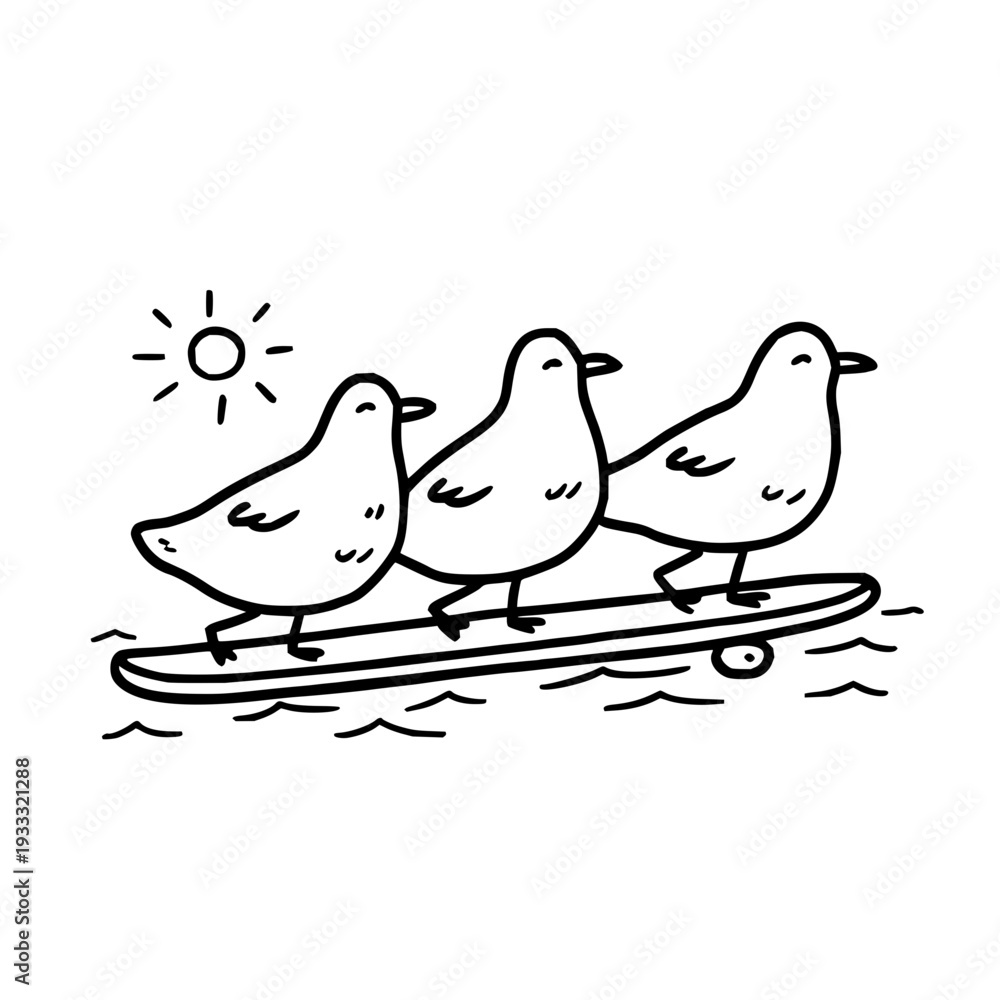 Fototapeta premium Seagulls Riding Skateboard on Water under Sun