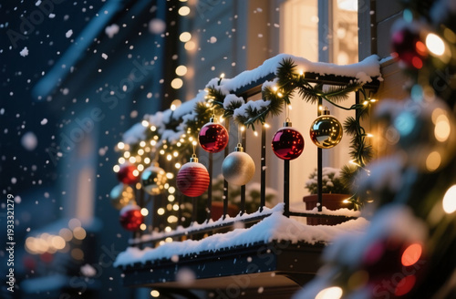 Wallpaper Mural A cozy balcony is illuminated with glowing lights and colorful Christmas balls, while gentle snowflakes fall softly during a serene winter night Generative AI Torontodigital.ca