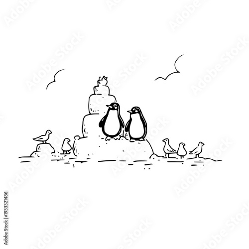 Penguins Standing on Iceberg with Seagulls Flying Overhead