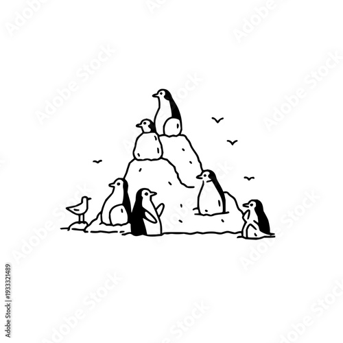 Penguins on Iceberg with Seagull Cartoon Illustration
