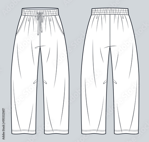 Wide Leg Jogger Pants Technical Drawing, Unisex Wide Sweatpants Fashion Flat, Relaxed Fit Track Pants Template, Front and Back View CAD Mockup.