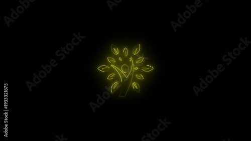Neon Green Tree with Human Figure and Leaves on Black Background Eco Friendly Symbol sustainability