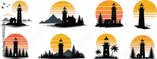 Minimalist lighthouse sunset collection with coastal landscapes, mountains, pine trees and ocean silhouettes vector illustration set