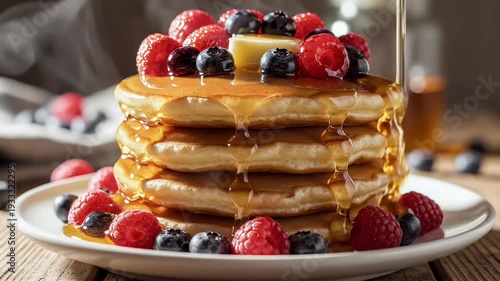 Stack of pancakes with berries and syrup food photography