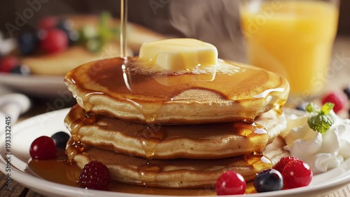 Stack of pancakes with syrup and butter on white plate