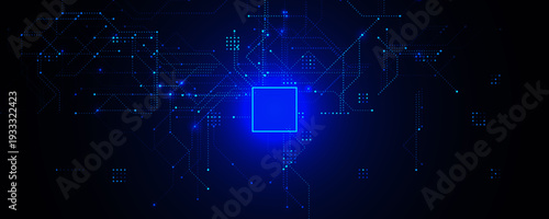 AI Chipset Artificial Intelligence Logo Background. Glow CPU Microchip Dark Tech Futuristic Circuit Pattern BG Design. Chip Board Backdrop Digital Cloud Future Data Technology. Vector illustration