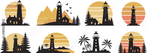 Minimalist lighthouse sunset graphic set with coastal houses, mountains, pine trees and palm silhouettes vector illustration