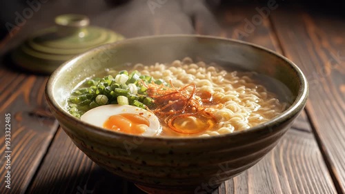 Steaming bowl of noodles with garnishes on a wooden surface