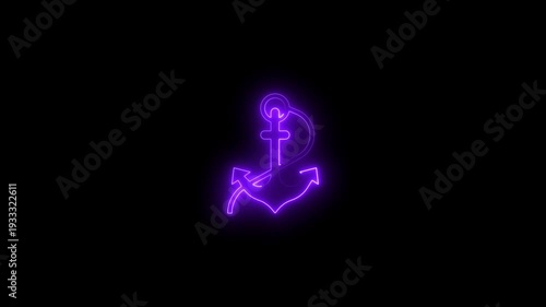 Neon anchor symbol glowing purple anchor on black background nautical sign