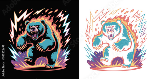 Angry Roaring Grizzly Bear Mascot with Lightning, Electric Wild Animal Power, Flat Vector Illustration