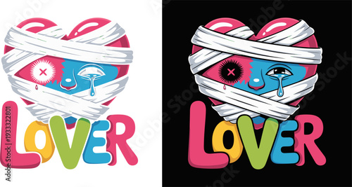 Broken Heart Illustration with Bandages and Crying Eye, Pop Art Streetwear Design, Flat Vector
