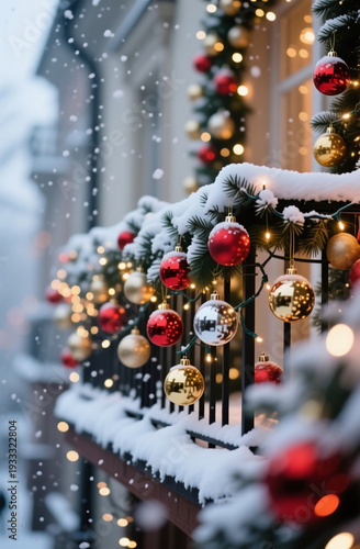 Wallpaper Mural Snow gently falls on a charming winter balcony decorated with shiny red, gold, and silver Christmas balls. twinkling lights add warmth to the cold day Generative AI Torontodigital.ca