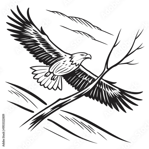 Bold black and white illustration of an eagle in flight through bare branches with a minimalist mountain backdrop