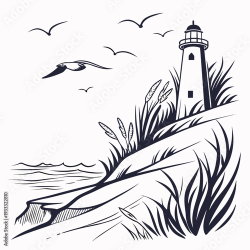 Vintage-style black and white illustration of a lighthouse on a cliff with seagulls flying over the ocean waves
