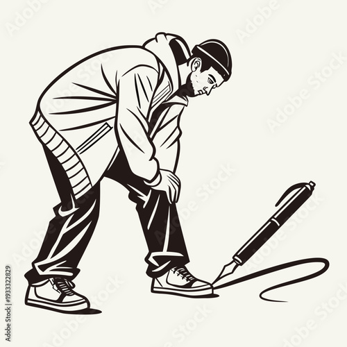 Stylish man in a beanie and hoodie using a giant pen to draw a line on the ground, creative concept art