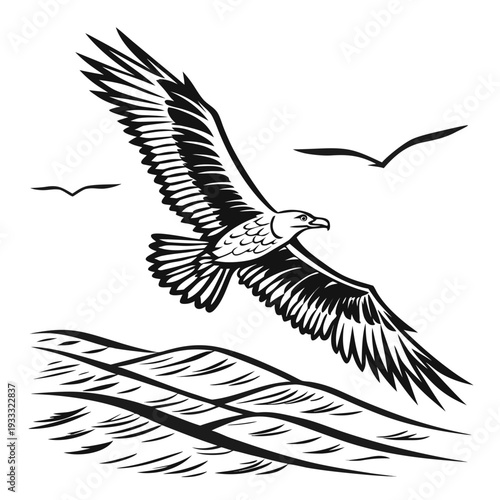 Powerful eagle in flight soaring over ocean waves, dynamic wildlife scene with spread wings, majestic bird of prey in open sky, freedom and power concept