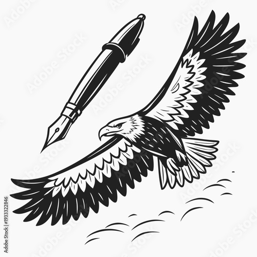 Majestic eagle in flight with open fountain pen writing in sky, symbolic illustration of creativity and freedom, powerful bird of prey and writing instrument