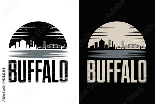 Buffalo City Skyline Retro Sunset Flat Vector Illustration, Vintage New York Landmark Graphic Art