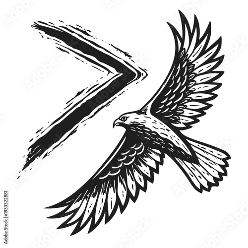 Minimalist composition of bird of prey soaring above distressed paint brush stroke chevron element in hand drawn black ink style on white backdrop