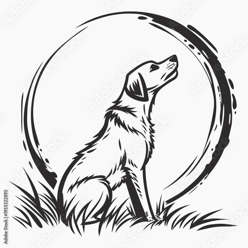 Simple line art illustration of a loyal dog sitting patiently in a grassy field looking up against a circular background