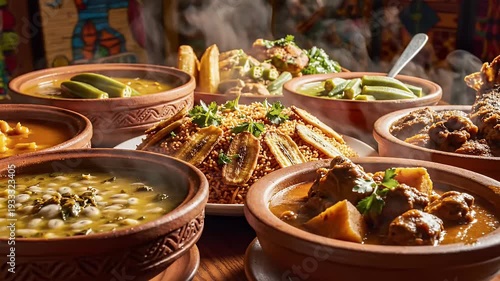 Variety of stews and soups presented in rustic ceramic bowls for culinary use
