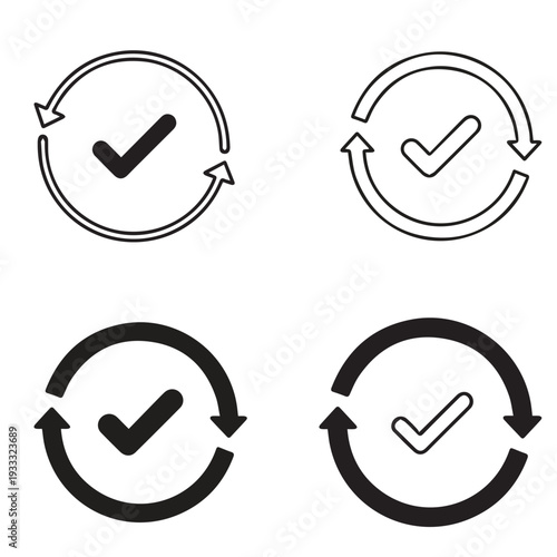 Four black and white icons of circular arrows with checkmarks