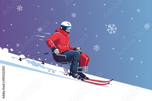 Dynamic skier in red jacket speeding down snowy slope, action winter sports shot. Skiing downhill, powder snow, mountains, adventure, extreme sport, Alps ski resort concept, helmet goggles
