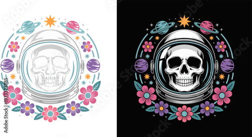 Floral Astronaut Skull in Space Helmet with Planets, Celestial Galaxy Art, Flat Vector Illustration