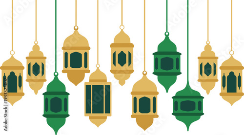 Ramadan lanterns, hanging decorative lamps, Islamic celebration ornaments, gold green fanoos, traditional Arabic lighting, flat design vector illustration, festive religious decorations, Eid festival