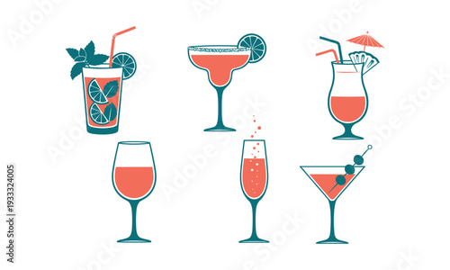 Collection of colorful cocktail and beverage illustrations on a white background